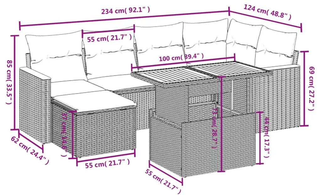 7 pcs conjunto de sofás p/ jardim com almofadões vime PE bege
