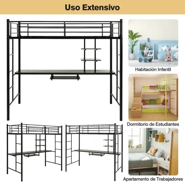 Cama alta infantil com secretária, 2 escadas laterais e 2 estantes Preta