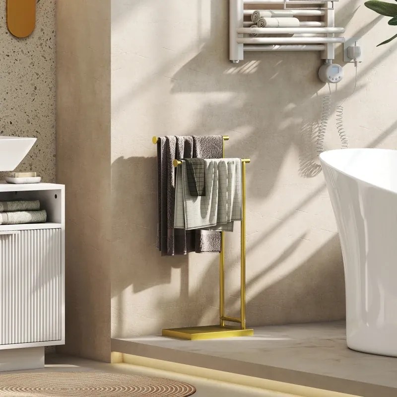 Toalheiro de Pé de 2 Níveis Toalheiro para Casa de Banho com 2 Barras e Estrutura Metálica Estilo Moderno em Forma de L 35,5x20x78 cm Dourado