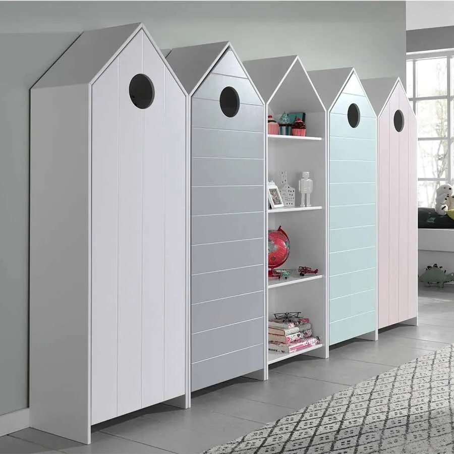 Conjunto 4 armarios Guarda Roupa infantil + estante infantil coleção CASAMI Rosa, Cinza, Verde e Branco