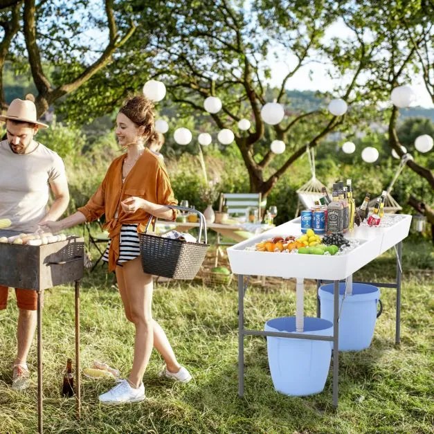 Mesa refrigeradora com gelo dobrável com 151 cm  para exteriores para campismo festas, eventos Branca