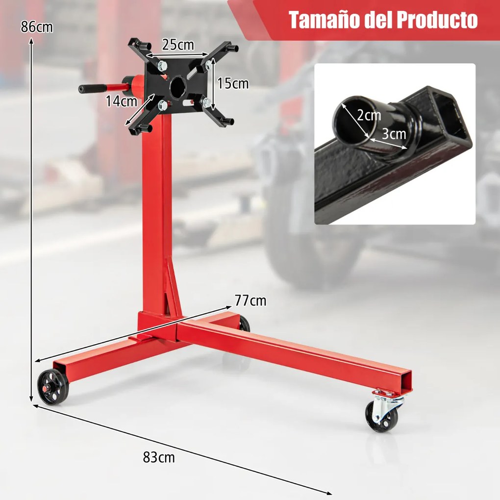 Suporte para motor de 3 rodas para serviço pesado com capacidade para 340 kg, cabeça giratória de 360° e 4 braços ajustáveis Vermelho