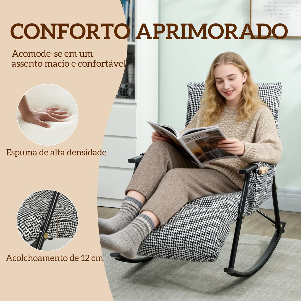 Poltrona Baloiço com Encosto e Apoia-Pés Ajustáveis 105° Estofada em Linho com Bolso Lateral e Estrutura de Metal Preto e Branco