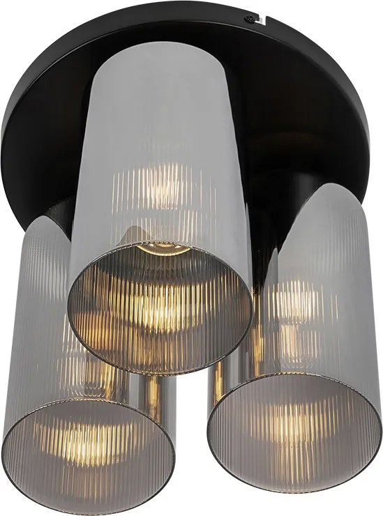 Candeeiro de tecto Art Deco preto com vidro fumê 3 luzes - Laura