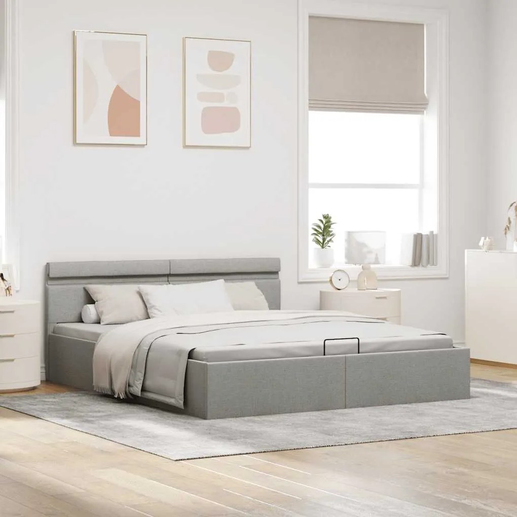 Cama hidráulica c/ arrumação LED 160x200 cm tecido cinza-claro