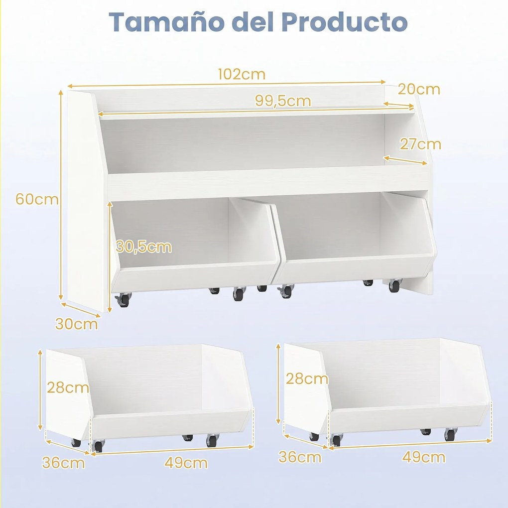 Estante de Arrumação para Brinquedos, 102 x 30 x 60 cm, Com 2 Estantes e 2 Gavetas, Branco