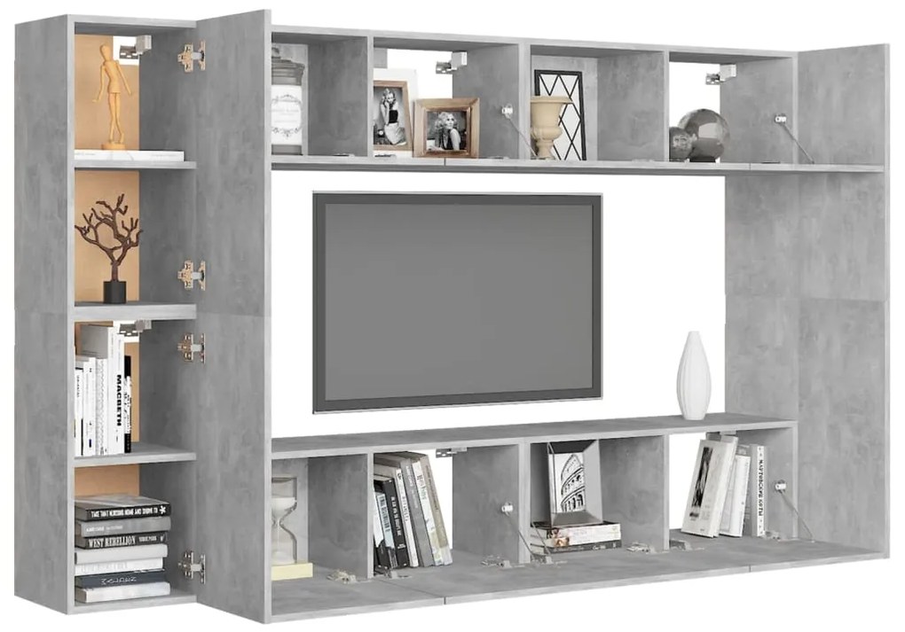 8 pcs conjunto de móveis de TV contraplacado cinzento cimento
