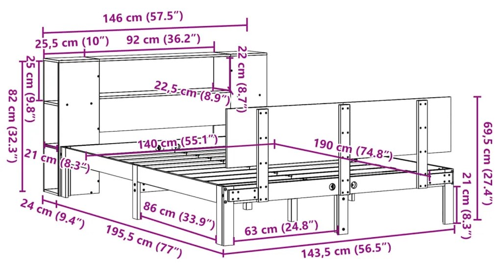 Cama com estante sem colchão 140x190 cm pinho maciço