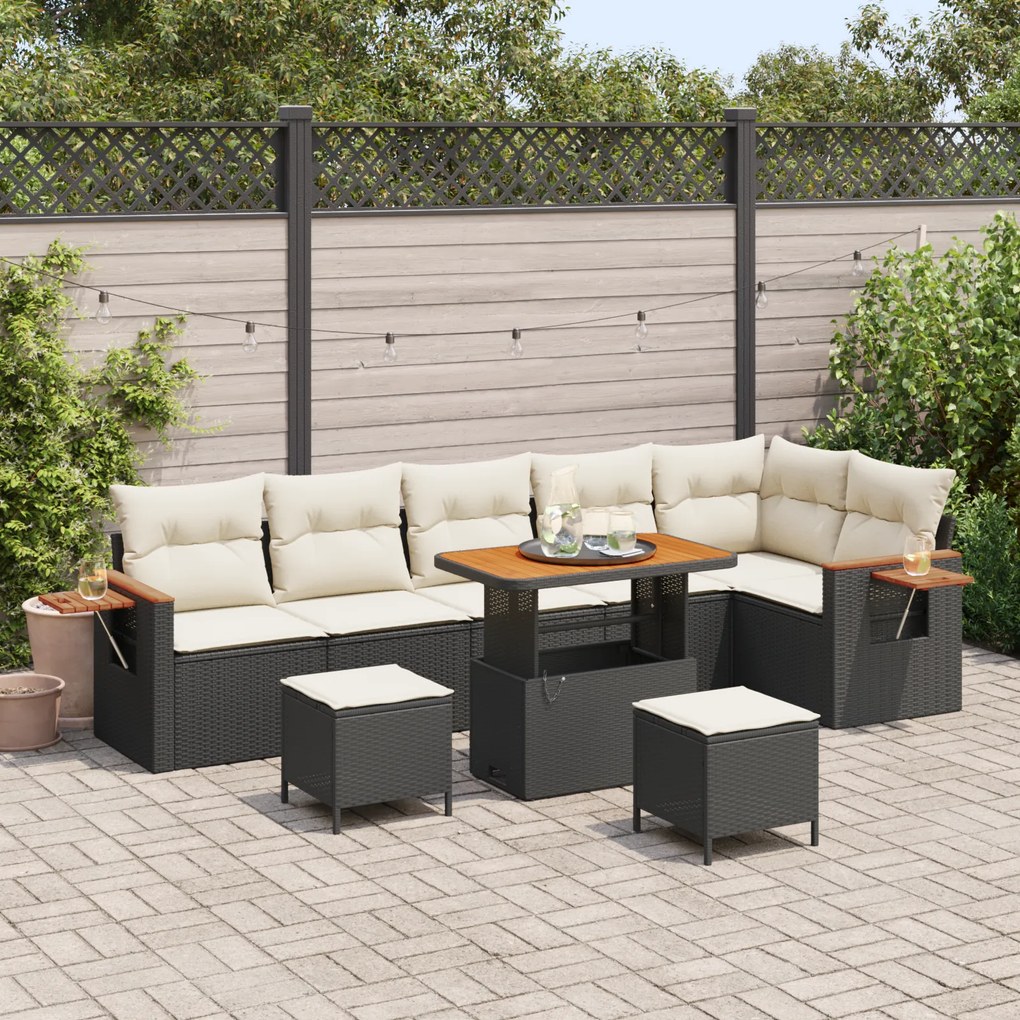 Conjunto de Sofá de Jardim vidaXL com Almofadas Preto Rattan Poliéster