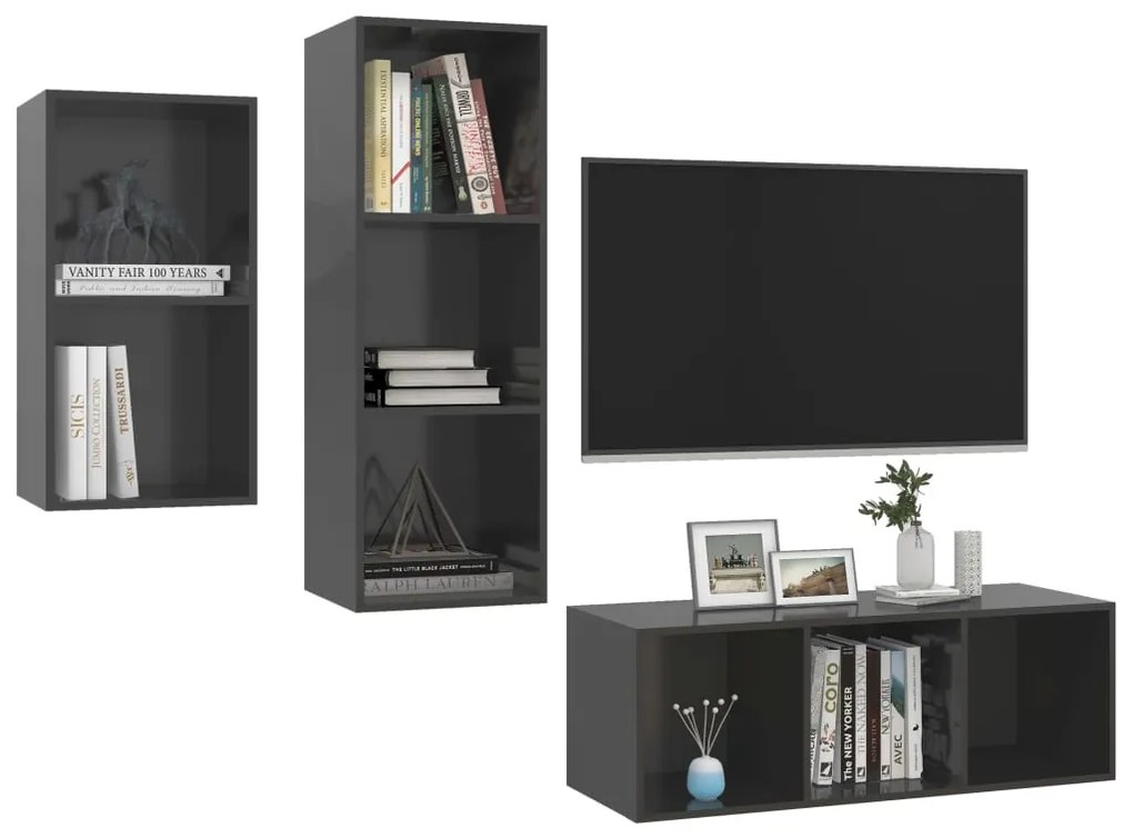 3pcs conjunto de móveis de TV derivados madeira cinza brilhante