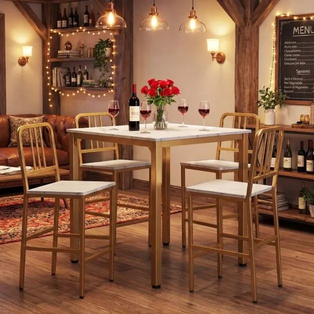 Conjunto de mesa de jantar alta e 4 bancos para 4 pessoas com tampo em imitação de mármore, mesa quadrada moderna branco