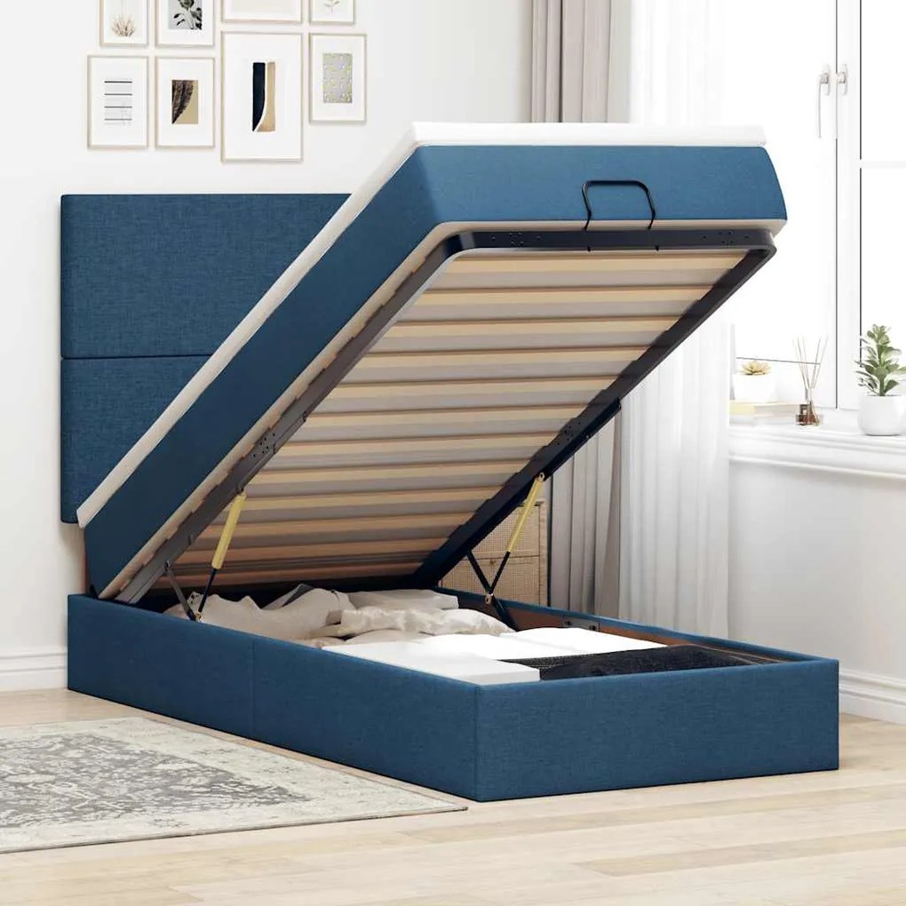 vidaXL Cama otomana com colchão 100x200 cm tecido azul