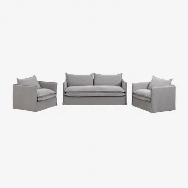 Conjunto De Sala De Estar Com Sofá De 3 Lugares E 2 Poltronas Em Linho E Algodão Grace Tecido Cinzento Escuro - Sklum