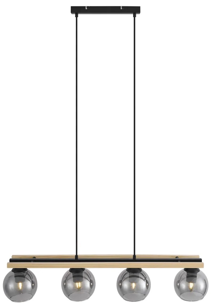 Candeeiro suspenso moderno preto com madeira e vidro fumado 4 luzes - Aleks