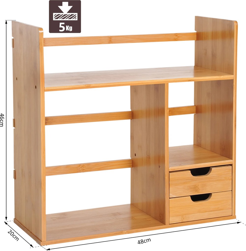 Prateleira para secretária 48 x 20 x 46 cm, biblioteca, arrumação, organizador de secretária, cozinha, casa de banho, em bambu natural