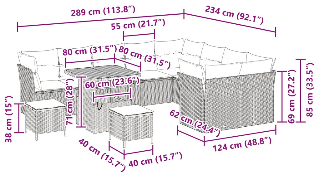 Conjunto de Sofá de Jardim com 12 Peças com Almofadas Preto Rattan Acá