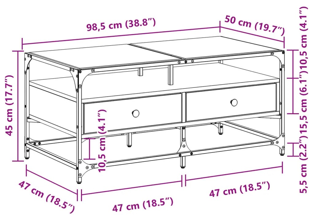 Mesa de centro c/topo de vidro 98,5x50x45cm carvalho fumado aço