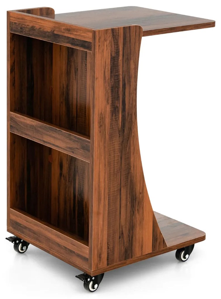 Mesa lateral móvel em forma de C com prateleira aberta 2 níveis para sala de estar quarto 42,5 x 38 x 67 cm Castanho