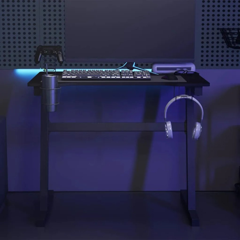 Secretária de gaming c/ luzes LED forma de Z 90x60x75 cm preto