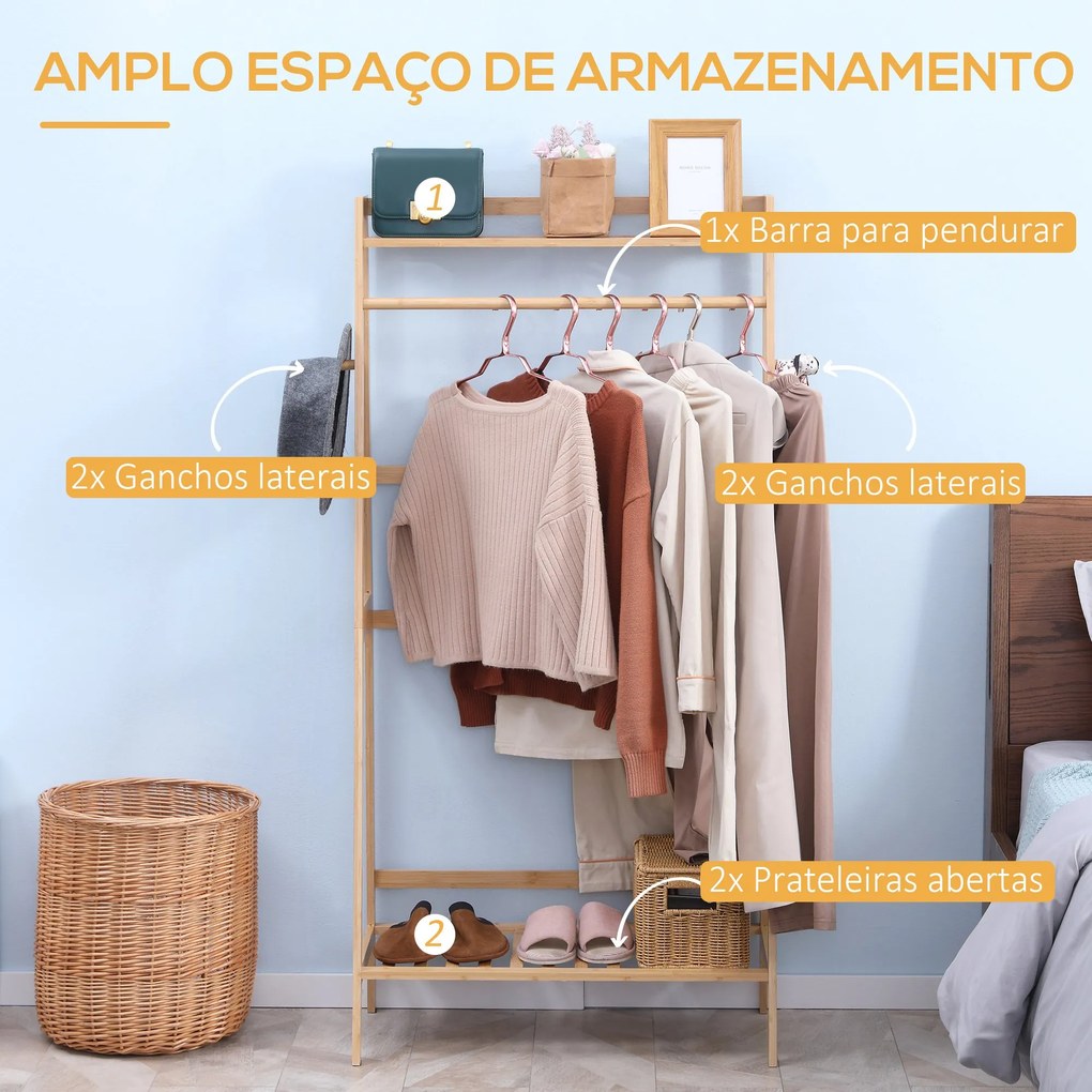 Suporte para Cabides de Bambu com 2 Prateleiras Abertas Barra e Ganchos Laterais para Roupa Bolsas 82x36,8x140cm Madeira
