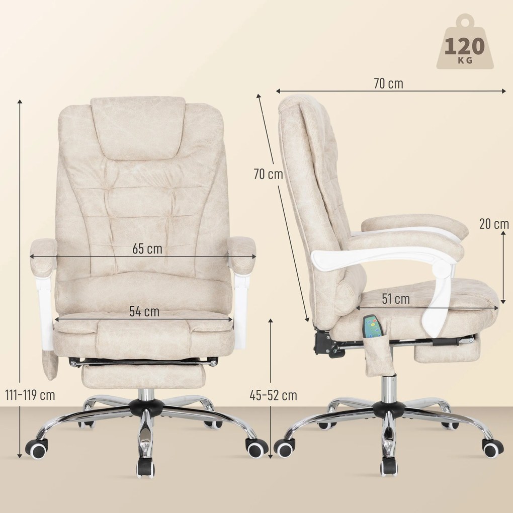 Cadeira de escritório com função de massagem e aquecimento, altura ajustável, encosto reclinável, 65 x 70 x 111–119 cm, creme