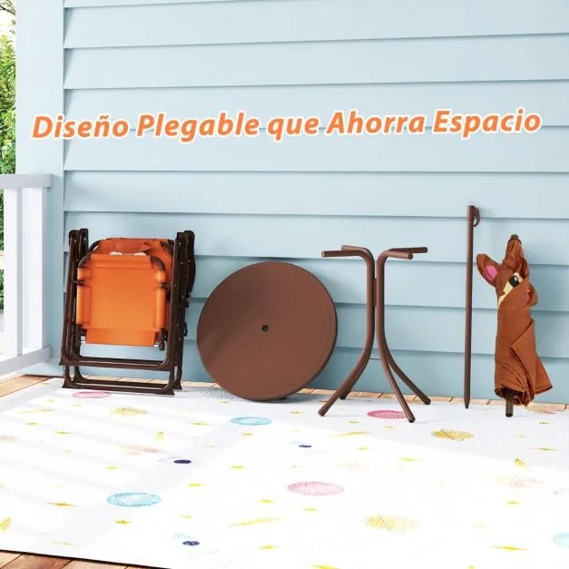 Conjunto de piquenique para crianças 3-6 anos Mesa de atividades ao ar livre com 2 cadeiras dobráveis e guarda-sol ajustável em altura Castanho