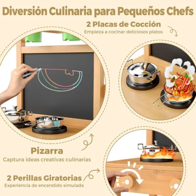 Cozinha de brincar para crianças de madeira 79 x 32 x 95 cm para exterior com torneira Pias removíveis Quadro negro Placas de cozedura natural