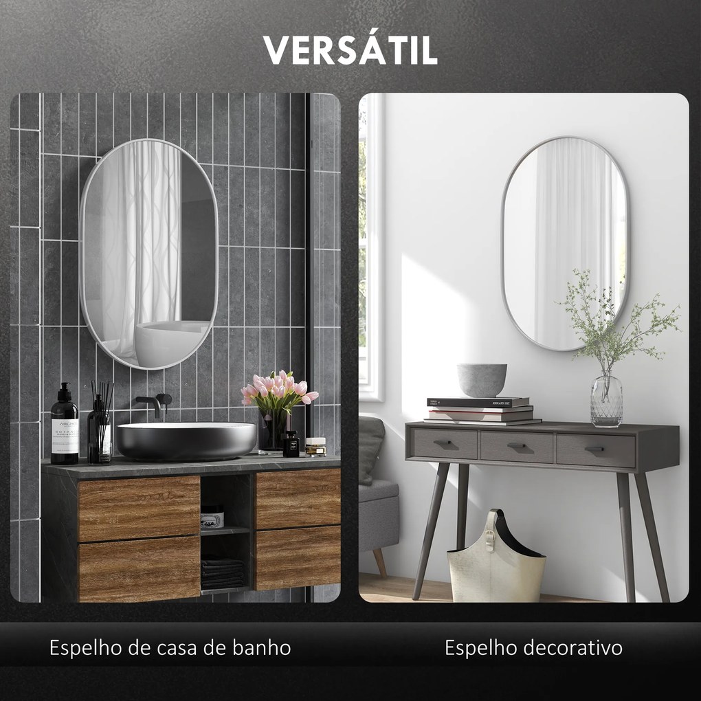Espelho Casa de Banho 60x90 cm Espelho Decorativo de Parede com Estrutura de Alumínio Horizontal ou Vertical Prata