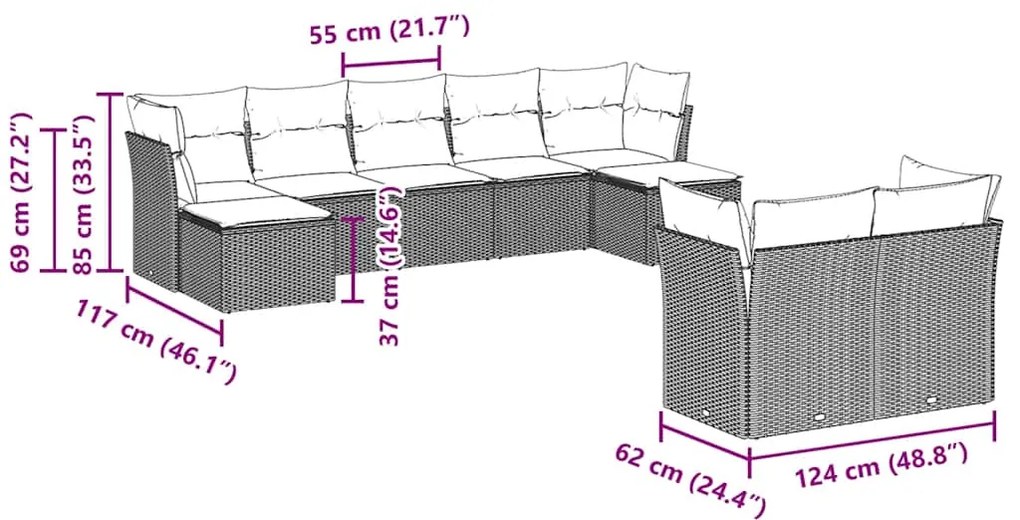 9 pcs conjunto sofás p/ jardim c/ almofadões vime PE castanho