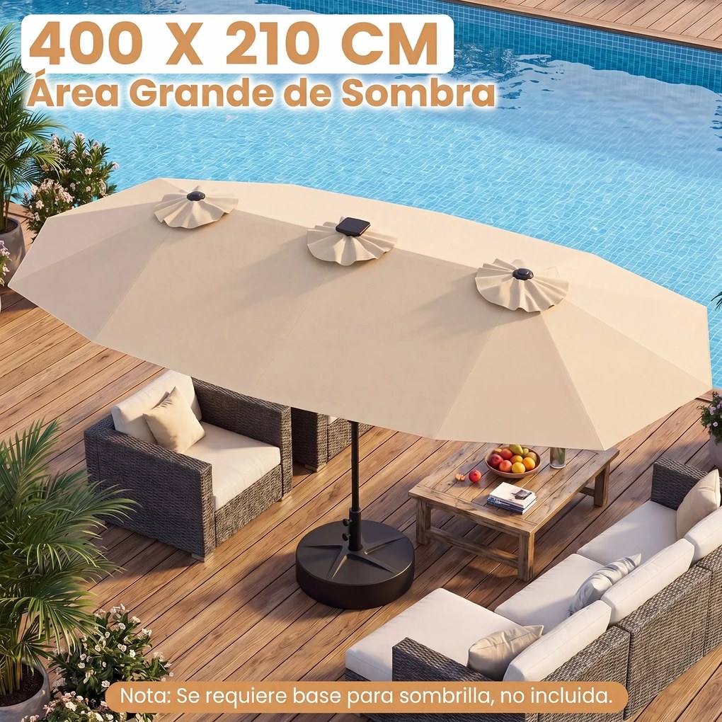 Guarda-sol duplo resistente, 400 x 210 cm (BASE NÃO INLCUIDA), com 108 luzes LED solares, manivela fácil de utilizar e 12 varas de metal, para jardim,