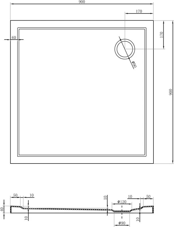 Mexen Flow base de duche quadrada slim 90 x 90 cm, branco brilhante - 46S109090