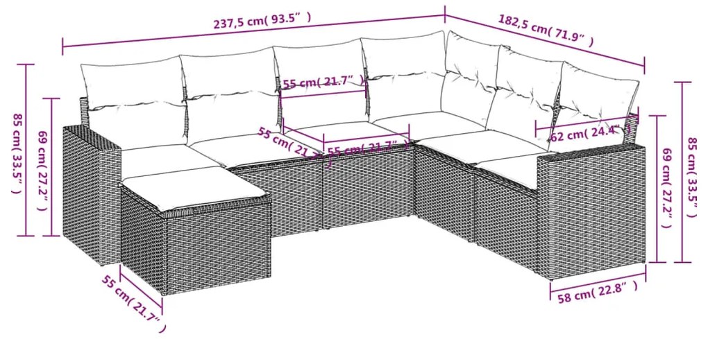 7 pcs conjunto de sofás p/ jardim com almofadões vime PE bege