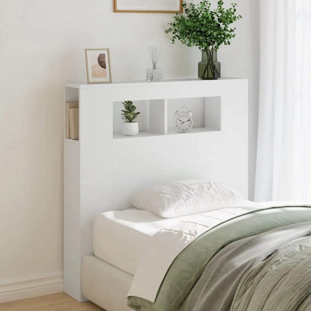 Cabeceira cama c/ LEDs 100x18,5x103,5 cm deriv. madeira branco