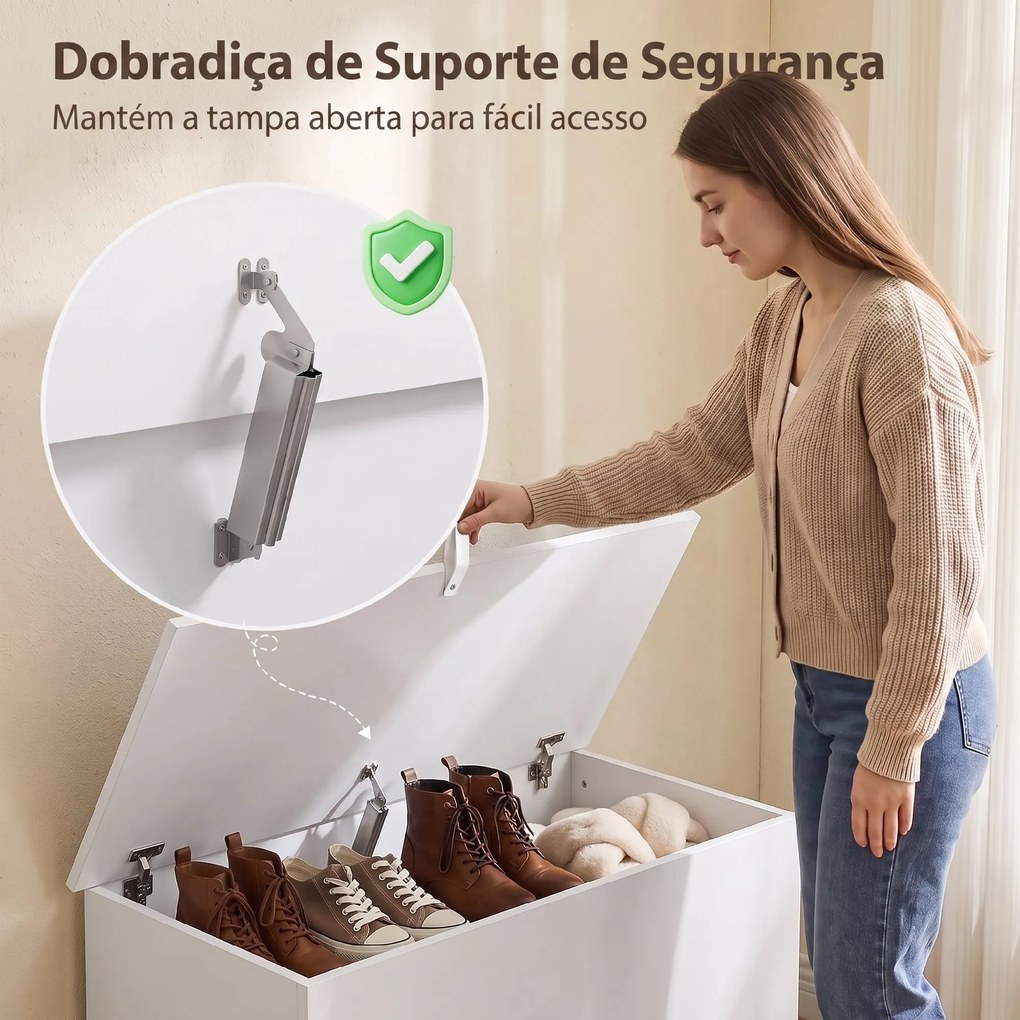Baú de Arrumação 102 L com Dobradiça de Segurança Estilo Moderno para Corredor Quarto e Sala 80x40x45 cm Branco