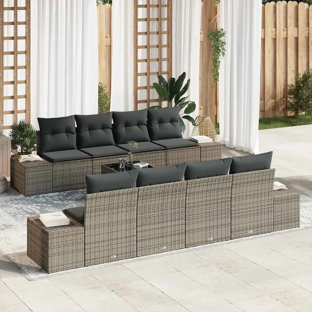 vidaXL Conjunto de Sofás de Jardim de 9 peças com almofadas cinzas em rattan sintético