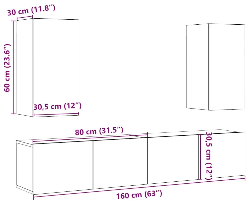 armários de TV montados na parede 4 pcs madeira velha
