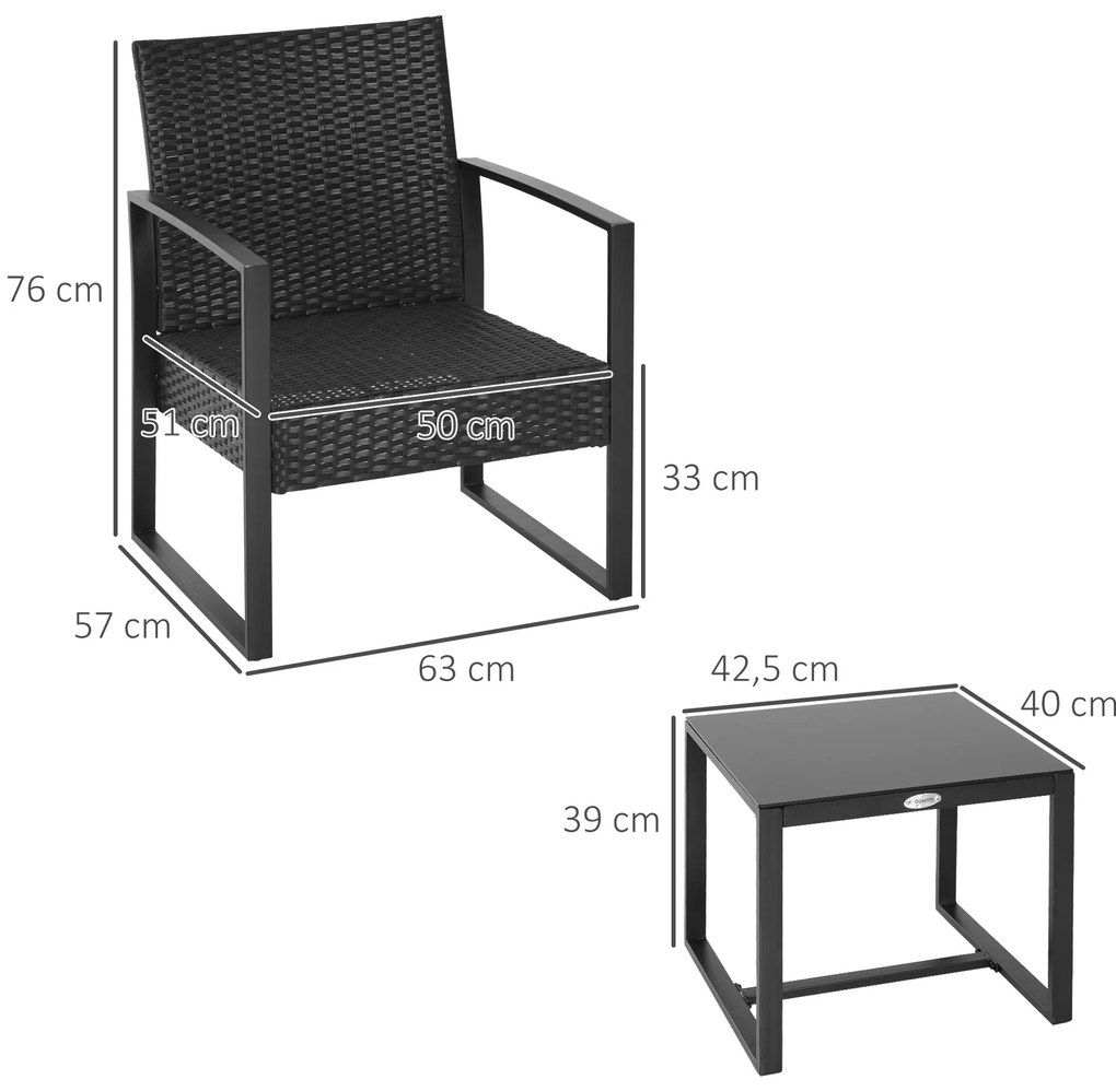 Conjunto de Móveis de Jardim de Vime 3 Peças com 1 Mesa 42,5x40x39 cm