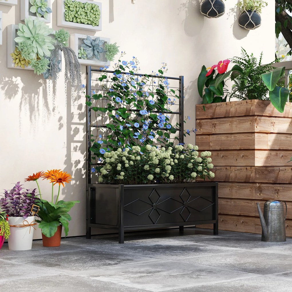 Floreira elevada para jardim com treliça, em aço galvanizado com padrão em losango, 90 x 40 x 120 cm, preta