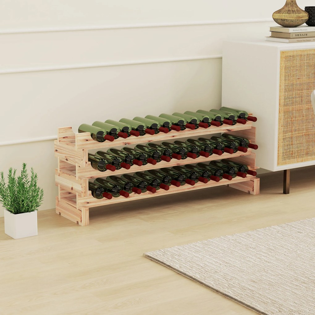 Garrafeira para 36 garrafas, prateleira para vinhos com 3 níveis ajustáveis, 114 × 28 × 42,5 cm, madeira natural