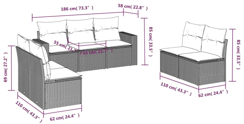 7 pcs conjunto sofás p/ jardim c/ almofadões vime PE cinzento