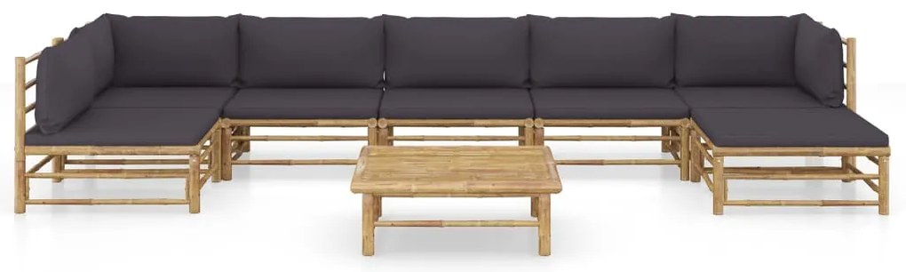 8 pcs conj. lounge jardim em bambu c/ almofadões cinza-escuro