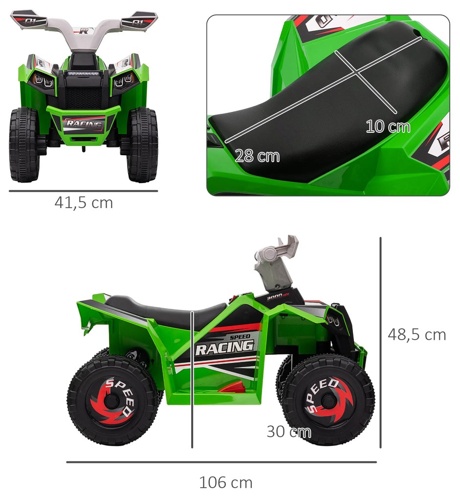 Moto 4 Elétrico para Crianças Veículo Elétrico a Bateria de 6V com Velocidade de 2,5 km/h 70x41,5x48,5 cm Verde