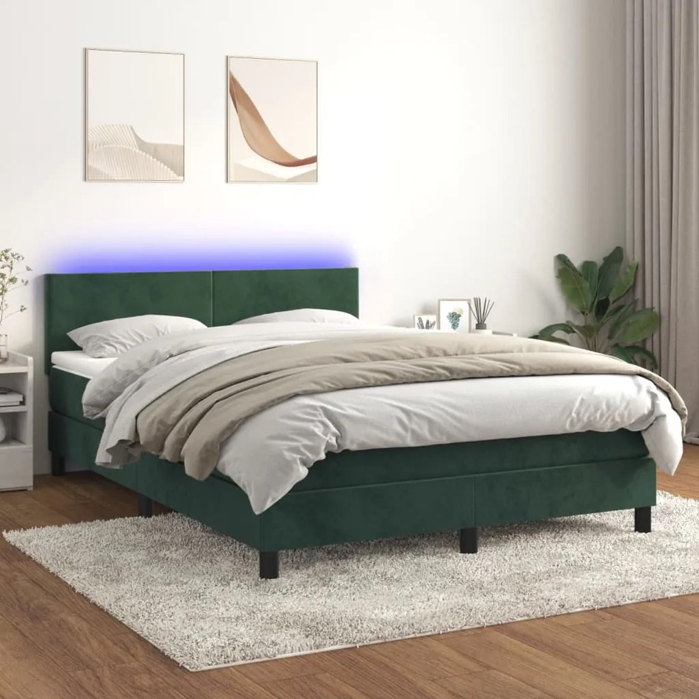 Cama box spring c/ colchão/LED 140x190 cm veludo verde-escuro