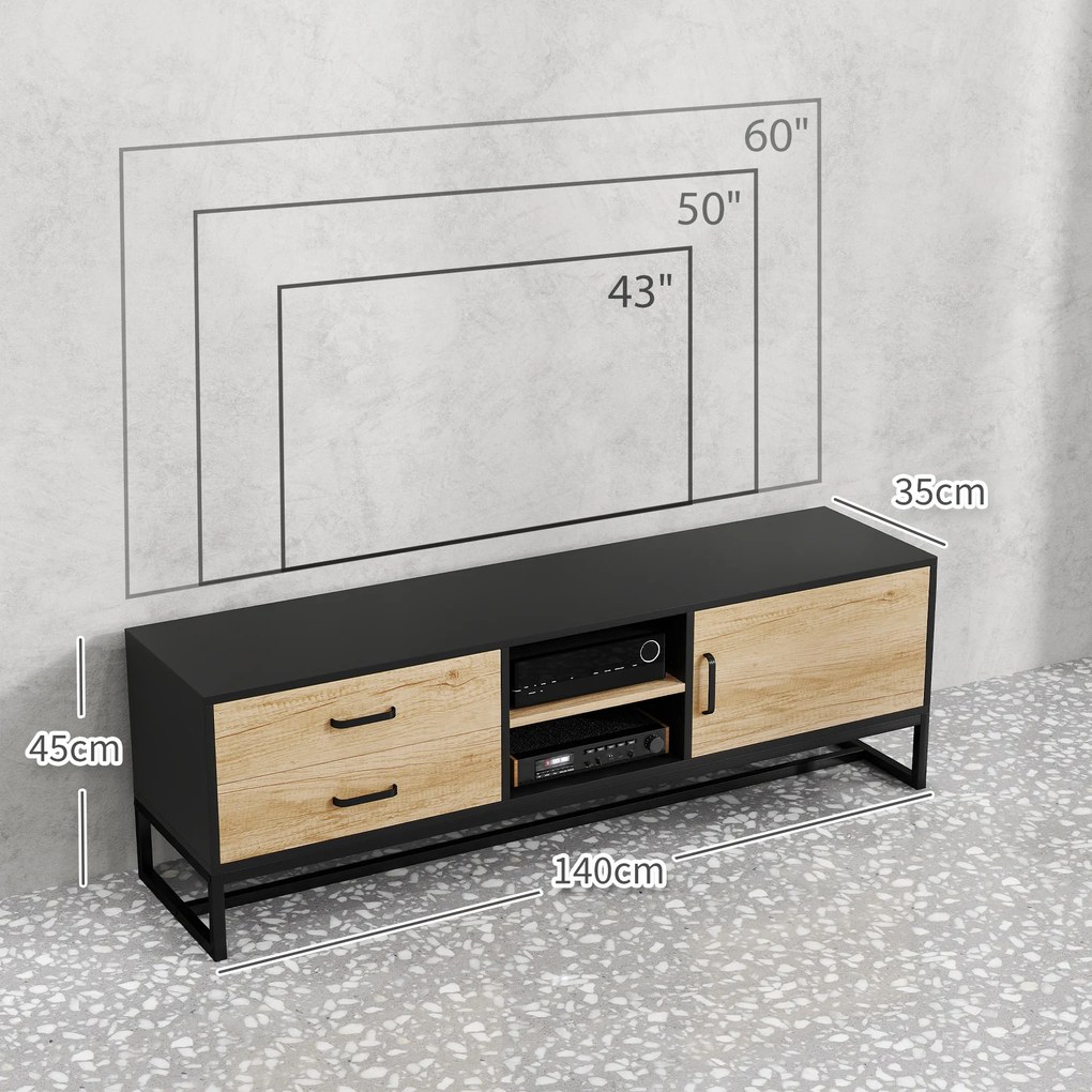 Móvel para televisores até 60 polegadas 140 x 35 x 45 cm, com prateleiras abertas e 2 gavetas, natural e preto