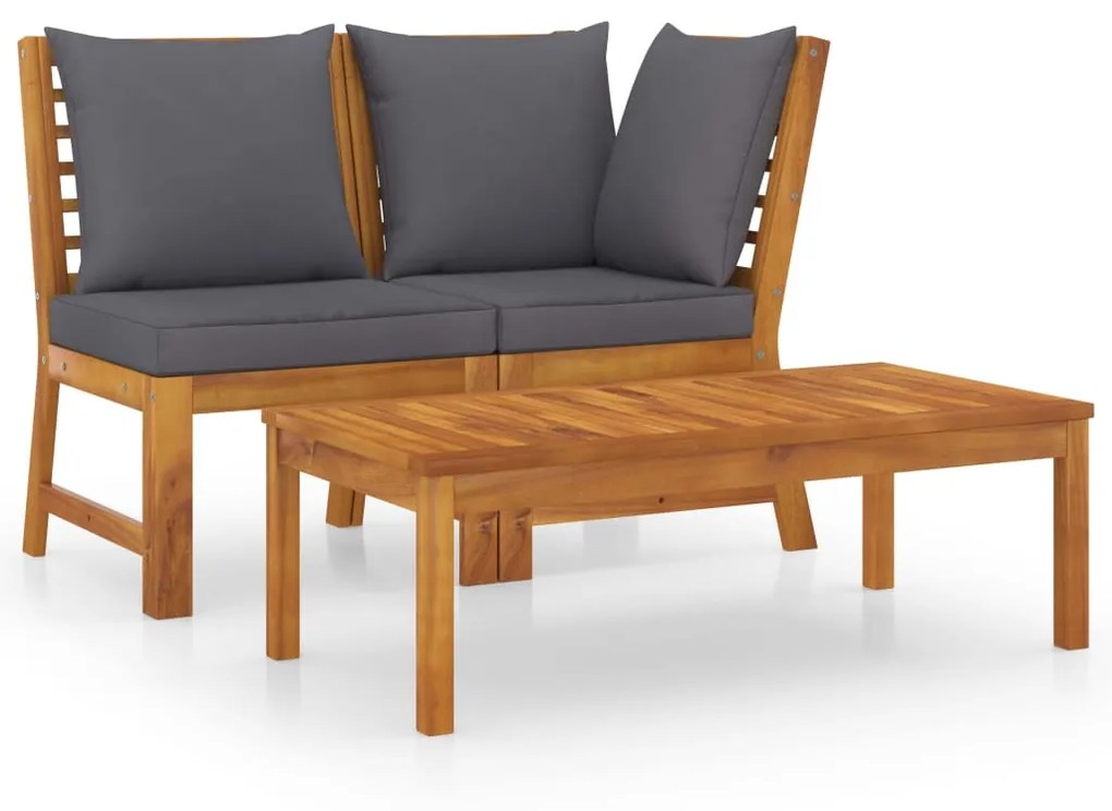 vidaXL 3 pcs conjunto lounge jardim c/ almofadões cinza-escuro acácia