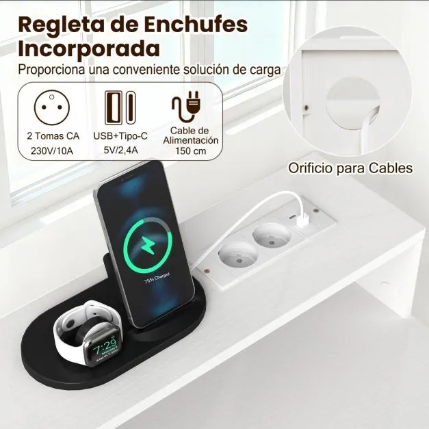 Secretária para computador 106 x 48 x 90 cm com tomadas com armário superior, gaveta e 2 prateleiras abertas Estrutura branca