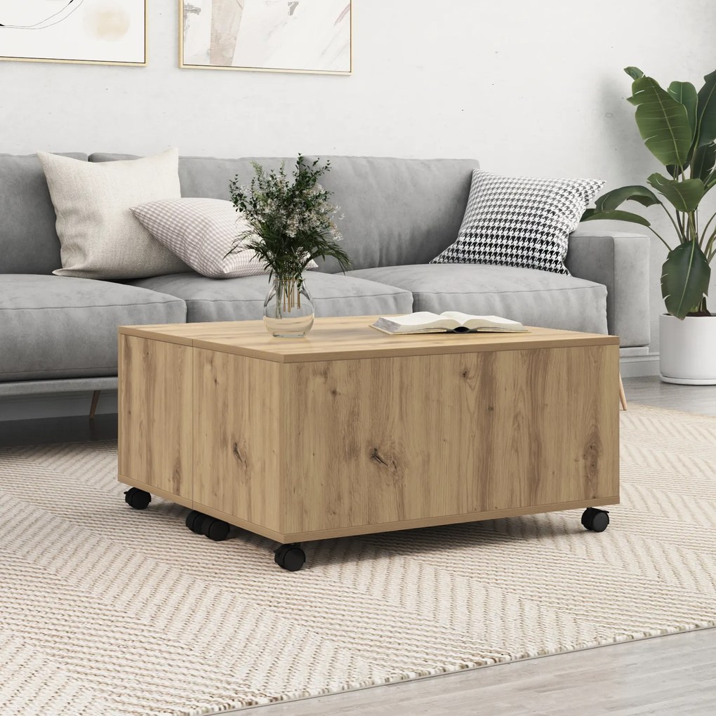 vidaXL Mesa de centro com roda carvalho artisiano 75 x 75 x 38 cm
