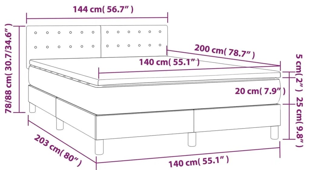 Cama box spring c/ colchão/LED 140x200 cm veludo rosa