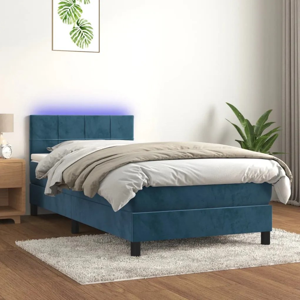 Cama box spring c/ colchão/LED 80x200 cm veludo azul-escuro