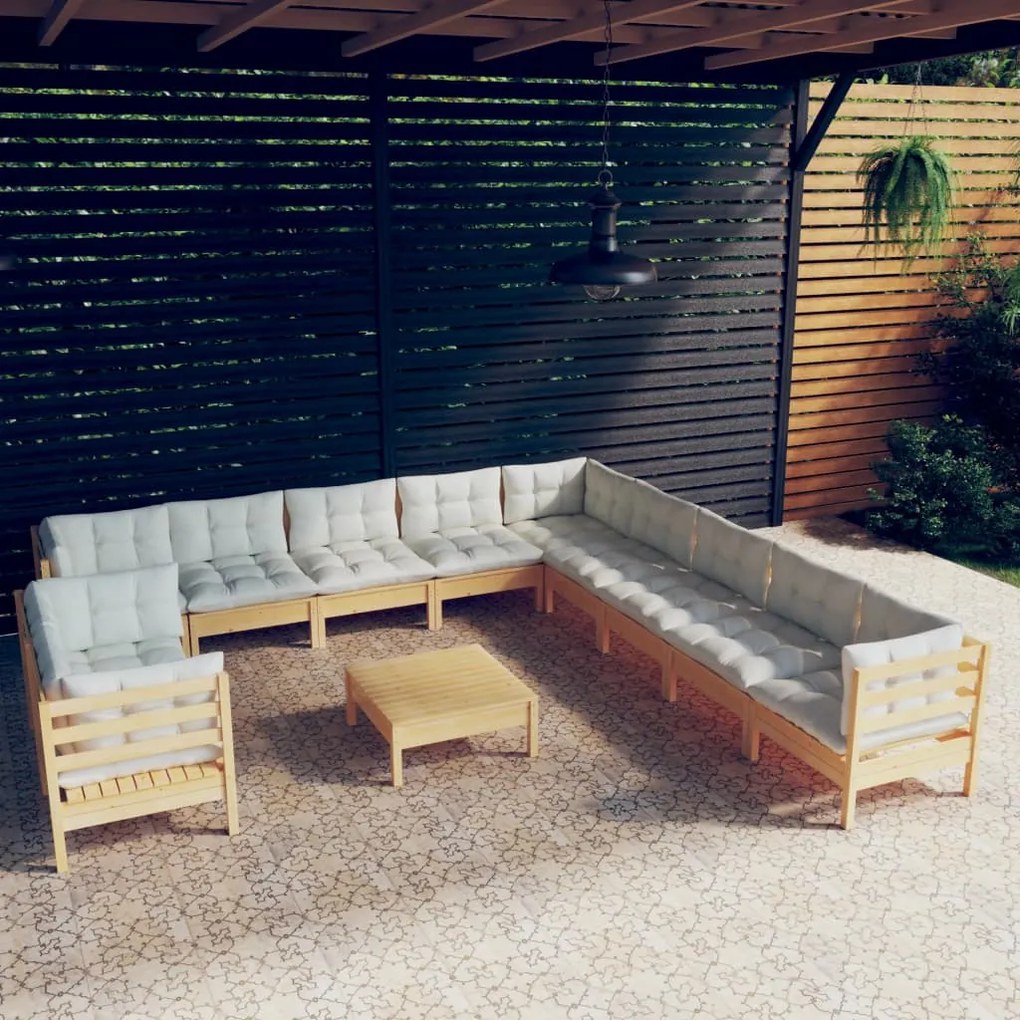 vidaXL 12 pcs conjunto lounge jardim c/ almofadões creme pinho maciço